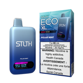STLTH ECO XL Polar Mint vape device shown with packaging featuring mint leaves and cool icy theme