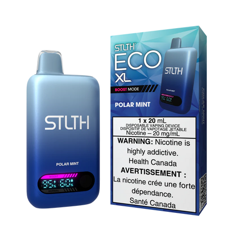 STLTH ECO XL Polar Mint vape device shown with packaging featuring mint leaves and cool icy theme