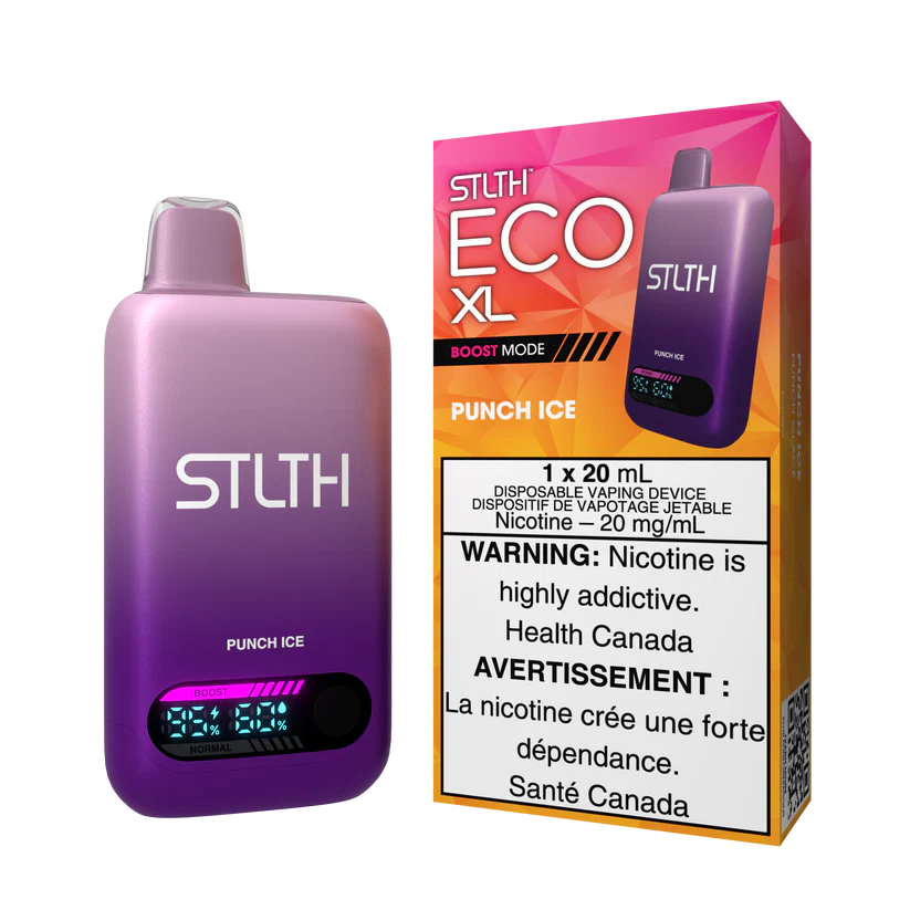 STLTH ECO XL Punch Ice disposable vape device shown with packaging featuring mixed fruit punch and icy flavour design