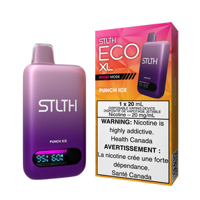 STLTH ECO XL Punch Ice disposable vape device shown with packaging featuring mixed fruit punch and icy flavour design