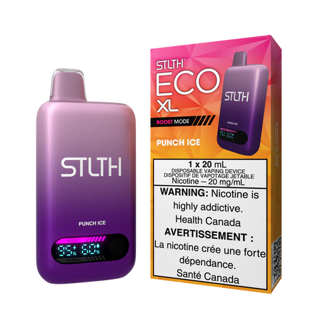 STLTH ECO XL Punch Ice disposable vape device shown with packaging featuring mixed fruit punch and icy flavour design