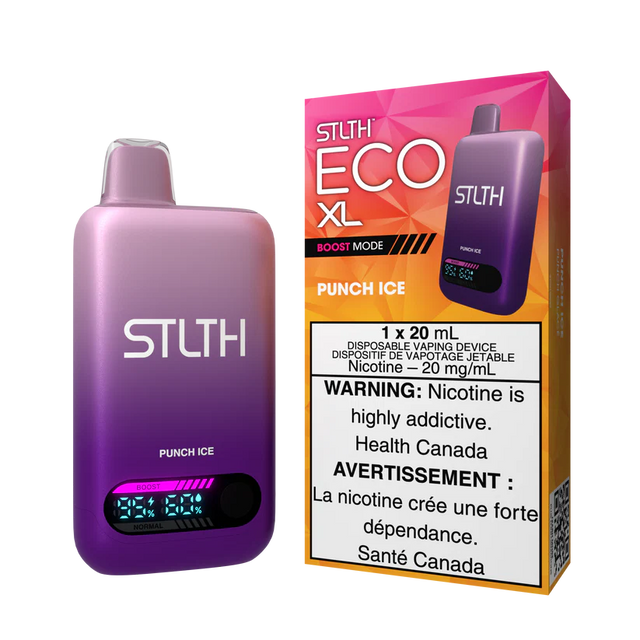 STLTH ECO XL Punch Ice disposable vape device shown with packaging featuring mixed fruit punch and icy flavour design