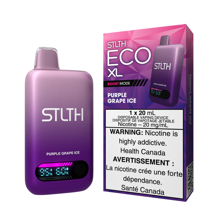 STLTH ECO XL Purple Grape Ice disposable vape device with display shown alongside packaging featuring grape and icy flavour design