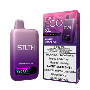 STLTH ECO XL Purple Grape Ice disposable vape device with display shown alongside packaging featuring grape and icy flavour design