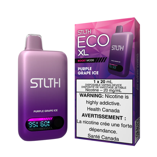 STLTH ECO XL Purple Grape Ice disposable vape device with display shown alongside packaging featuring grape and icy flavour design