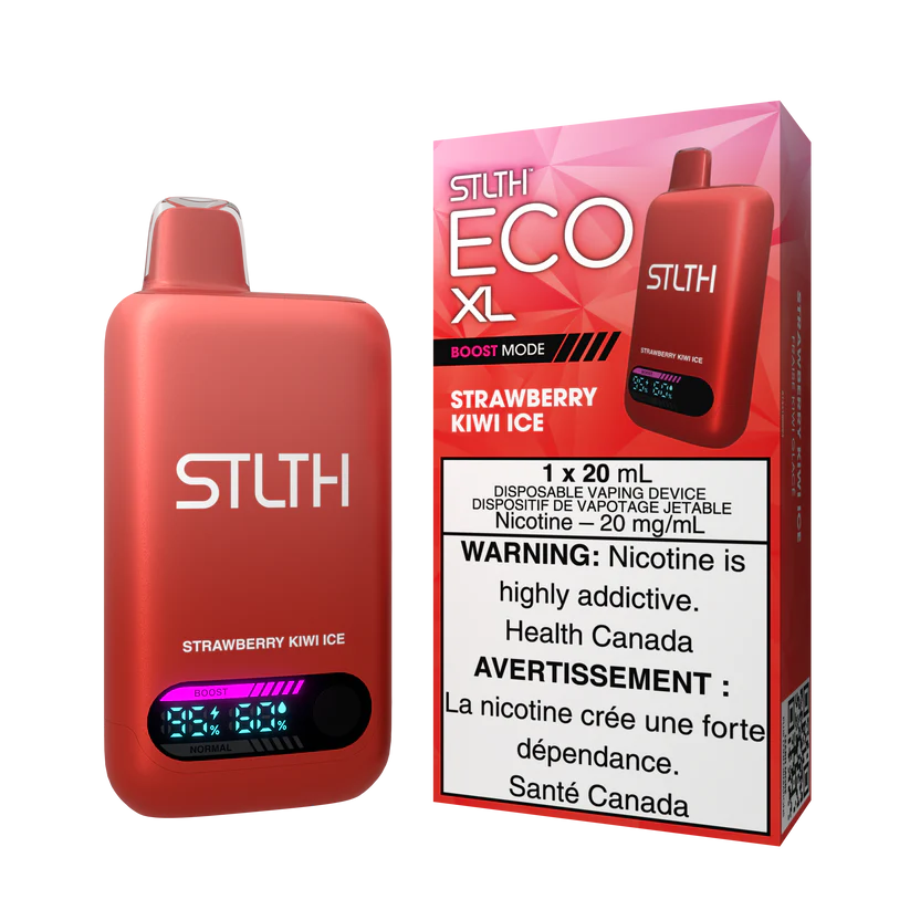 STLTH ECO XL Strawberry Kiwi Ice disposable vape device with display shown alongside packaging featuring strawberry, kiwi, and icy flavour design