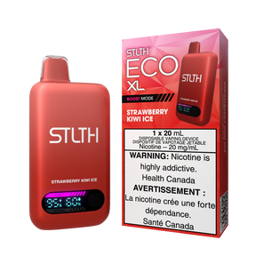 STLTH ECO XL Strawberry Kiwi Ice disposable vape device with display shown alongside packaging featuring strawberry, kiwi, and icy flavour design
