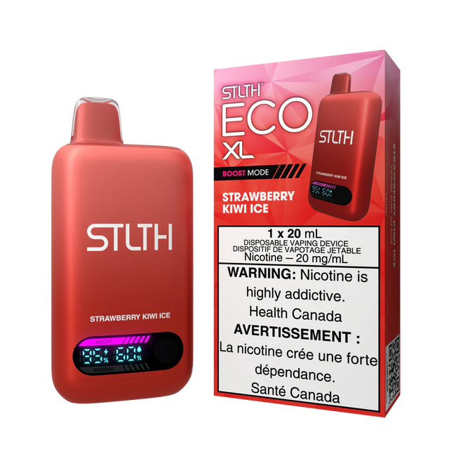 STLTH ECO XL Strawberry Kiwi Ice disposable vape device with display shown alongside packaging featuring strawberry, kiwi, and icy flavour design