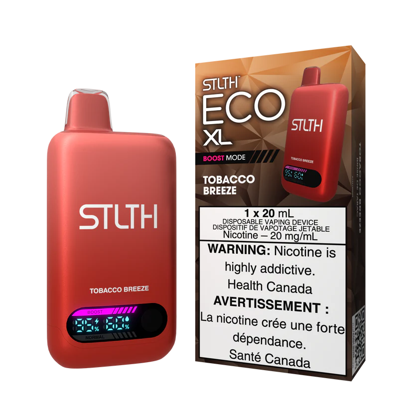 STLTH ECO XL Tobacco Breeze vape device with packaging showing classic tobacco-inspired design and neutral tones