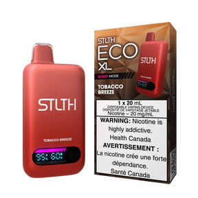 STLTH ECO XL Tobacco Breeze vape device with packaging showing classic tobacco-inspired design and neutral tones