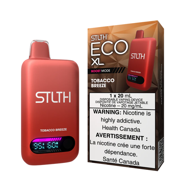 STLTH ECO XL Tobacco Breeze vape device with packaging showing classic tobacco-inspired design and neutral tones