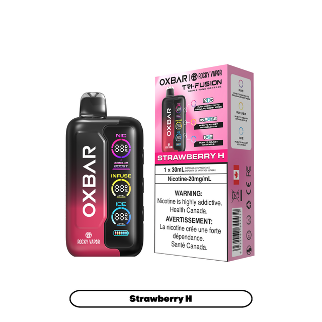 Strawberry H - Oxbar Rocky Vapor Tri Fusion Disposable Vape - 30mL - 30000+ Puffs - Nicotine Strength 20mg/mL.