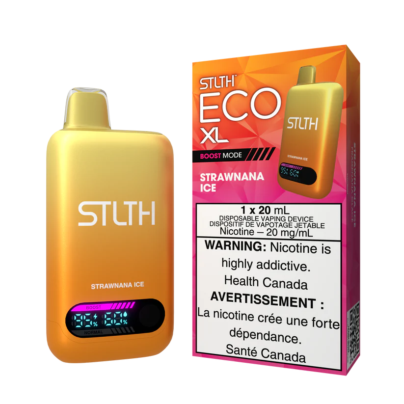 STLTH ECO XL Strawnana Ice disposable vape device placed beside box showing strawberry banana flavor with cooling ice finish