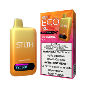 STLTH ECO XL Strawnana Ice disposable vape device placed beside box showing strawberry banana flavor with cooling ice finish