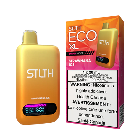 STLTH ECO XL Strawnana Ice disposable vape device placed beside box showing strawberry banana flavor with cooling ice finish