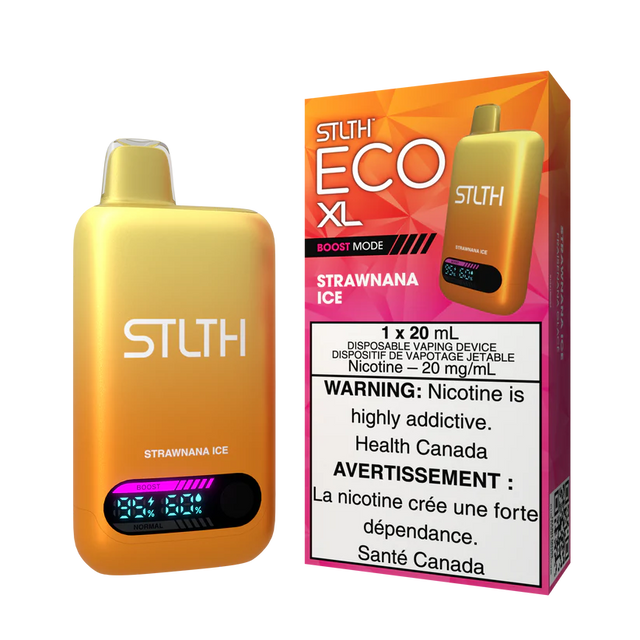 STLTH ECO XL Strawnana Ice disposable vape device placed beside box showing strawberry banana flavor with cooling ice finish