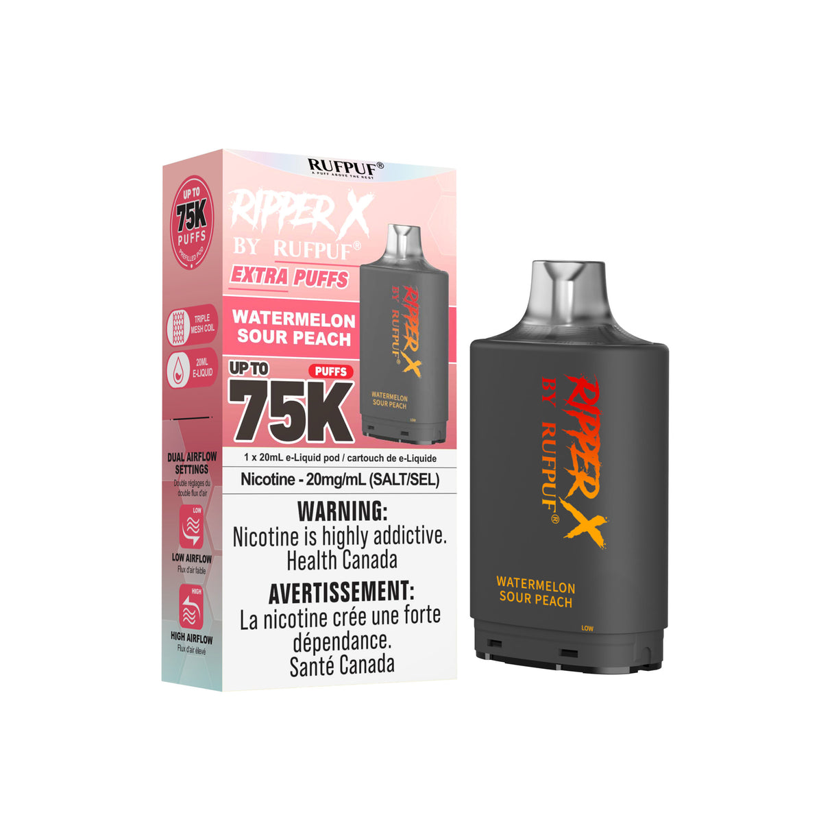Watermelon-Sour-Peach Ripper X 75k Vape Pod - Nicotine Strength 20mg/ml - E-Liquid Quantity 20ml - Puff Count 75000.