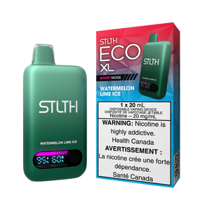 STLTH ECO XL Watermelon Lime Ice disposable vape shown with retail box highlighting watermelon fruit and lime cooling flavor