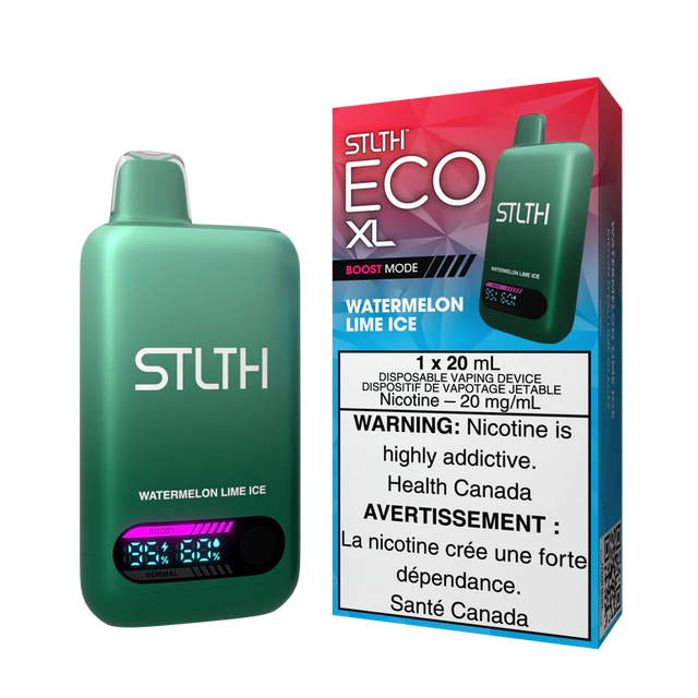 STLTH ECO XL Watermelon Lime Ice disposable vape shown with retail box highlighting watermelon fruit and lime cooling flavor