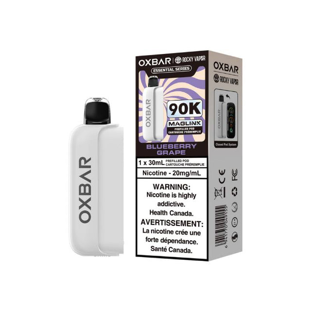 OXBAR x Rocky Vapor Blueberry Grape Maglink 90K replacement pod and Essential Series packaging, 30mL, 20mg/mL nicotine salt