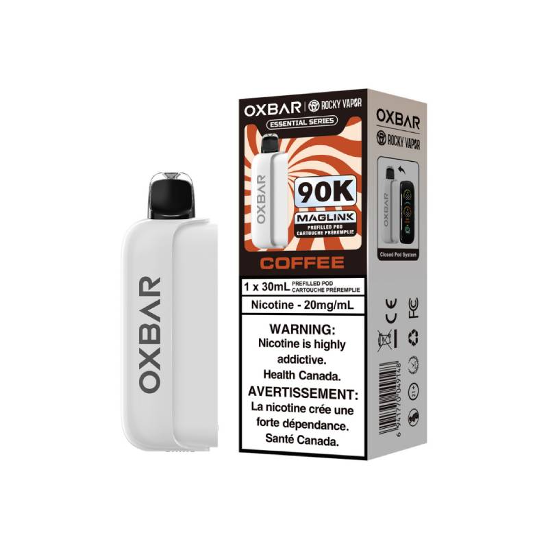 OXBAR x Rocky Vapor Coffee Maglink 90K replacement pod and Essential Series packaging, 30mL, 20mg/mL nicotine salt