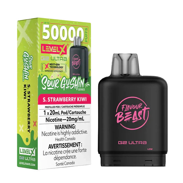 Flavour Beast Level X G2 Ultra 50K Prefilled Pod Sour Gushin Strawberry Kiwi disposable vape with up to 50,000 puffs and dual mesh coil in Canada