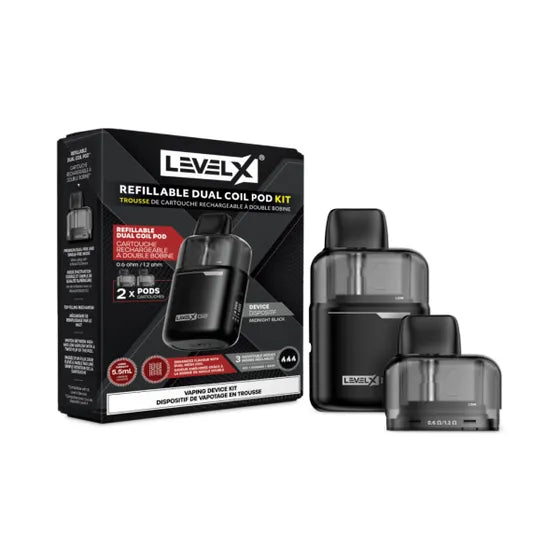 Level X G2 Refillable Dual Coil Pod Kit Midnight Black with 2 refillable 5.5mL pods and 1000mAh device