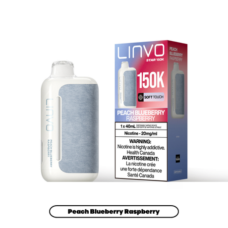 Peach Blueberry Raspberry Linvo Star 150K disposable vape device and packaging