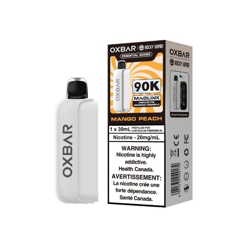 OXBAR x Rocky Vapor Mango Peach Maglink 90K replacement pod and Essential Series packaging, 30mL, 20mg/mL nicotine salt