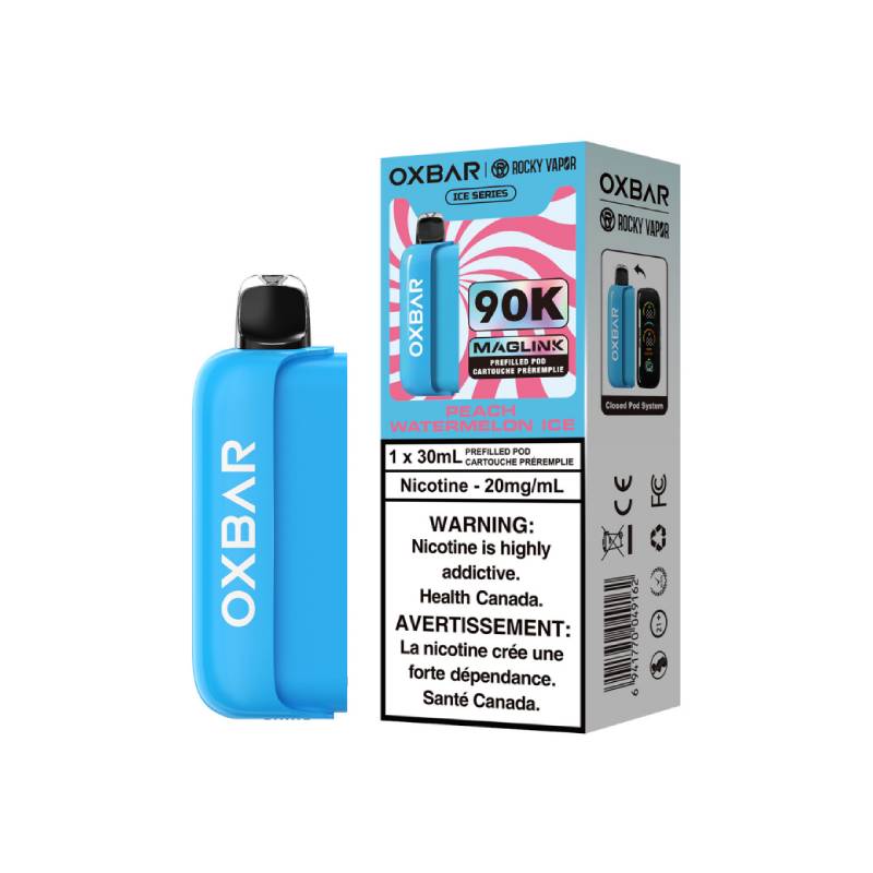 OXBAR x Rocky Vapor Peach Watermelon Ice Maglink 90K replacement pod and Ice Series packaging, 30mL, 20mg/mL nicotine salt
