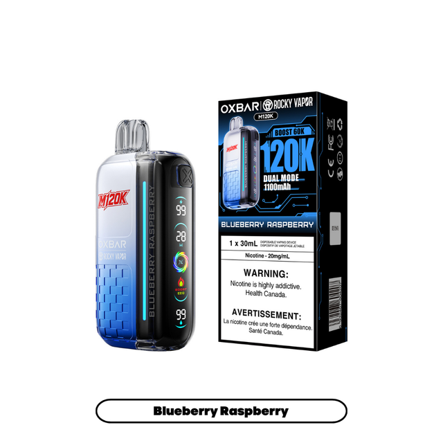 Rocky Vapor Oxbar M120K Blueberry Raspberry disposable vape and package