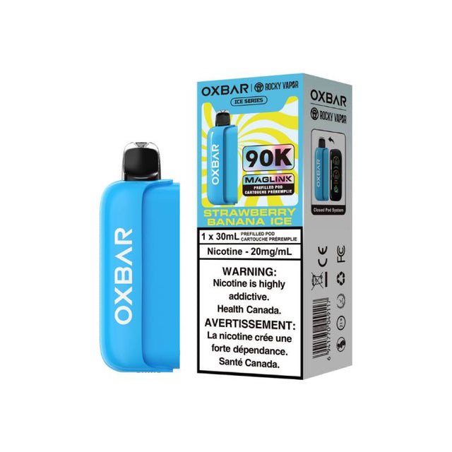 OXBAR x Rocky Vapor Strawberry Banana Ice Maglink 90K replacement pod and Ice Series packaging, 30mL, 20mg/mL nicotine salt