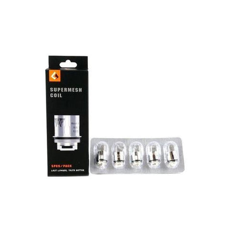 A pack of five Geekvape Super Mesh replacement coils for vaping devices, displayed in a blister pack with a card showing the coil design and power range.