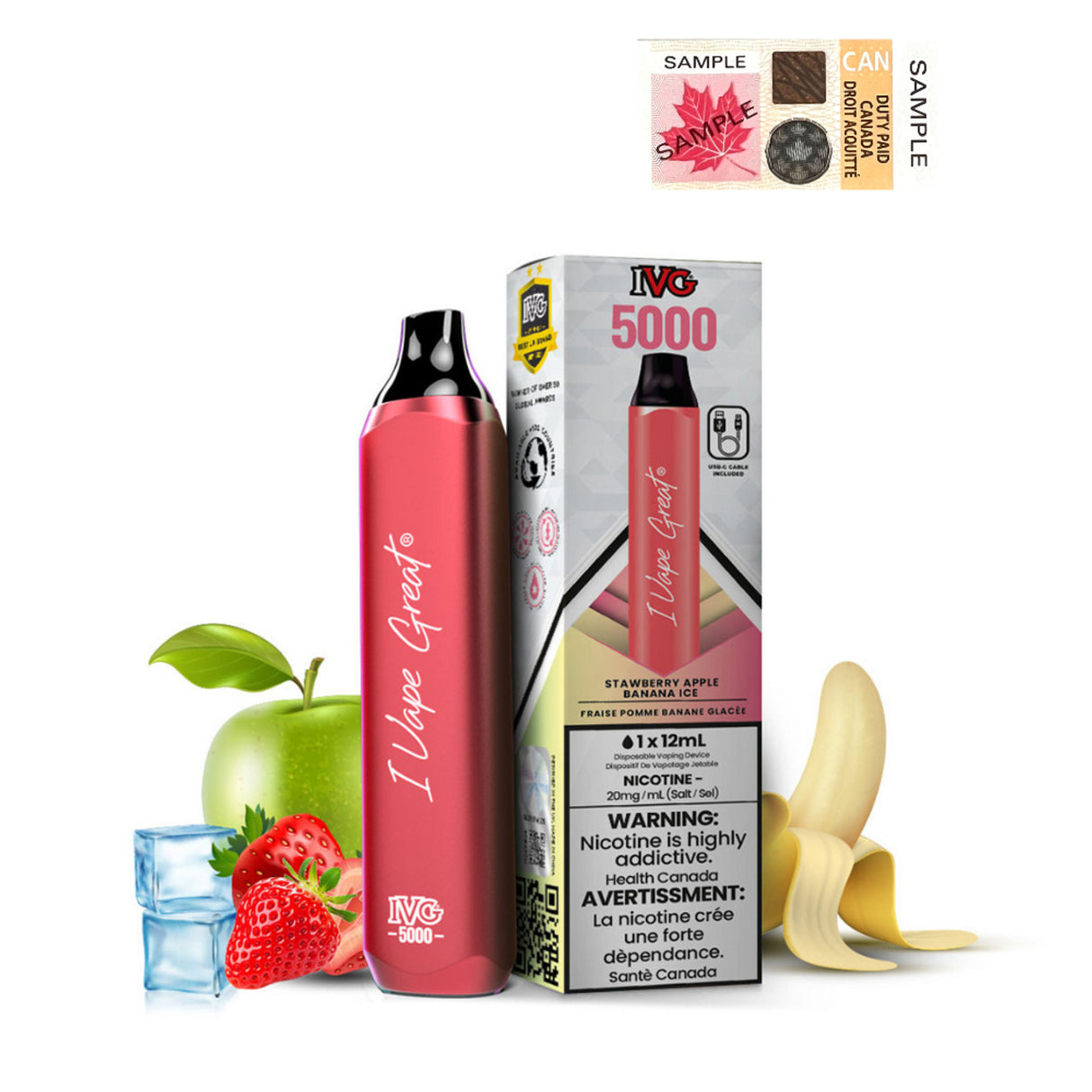 Strawberry Apple Banana Ice  - IVG Bar Max 5000 Puffs Disposable Vape